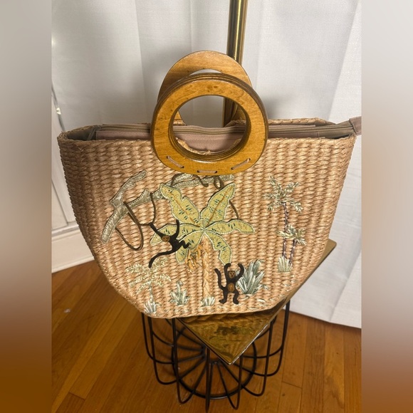 Cappelli Straworld Embroidered Straw Tote Monkey Palm Tropical Beach Bag - Picture 1 of 8